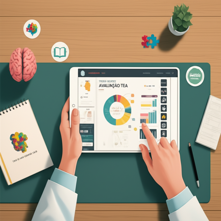 Ilustração de um profissional de saúde usando a plataforma Trilha Expert Avaliação TEA com elementos de branding pessoal ao fundo.