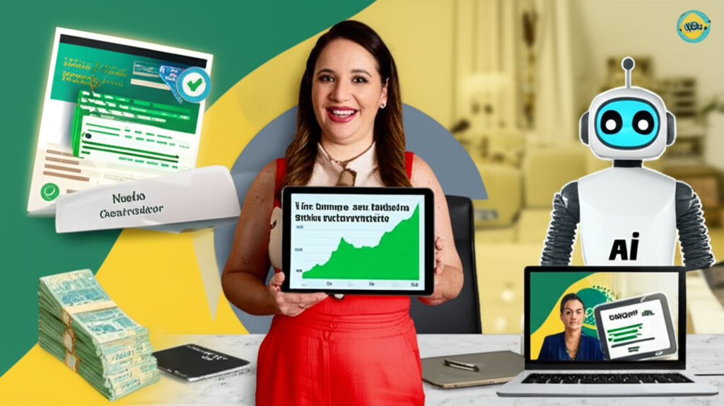 Nádia Pace presenting the Viva Sempre com Dinheiro program, surrounded by financial charts, money, and AI assistant Náudio, symbolizing debt clearance and financial freedom.