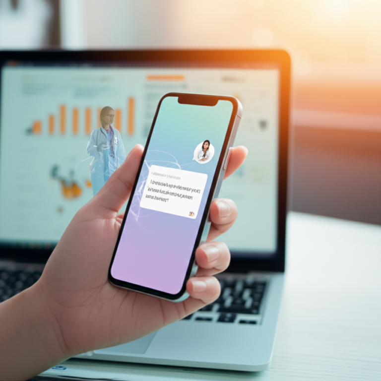 Smartphone showing the AndreaAi therapist‑of‑the‑pocket app, with a chat interface, neural‑network graphics and a subtle therapist silhouette, next to a laptop with marketing dashboards.