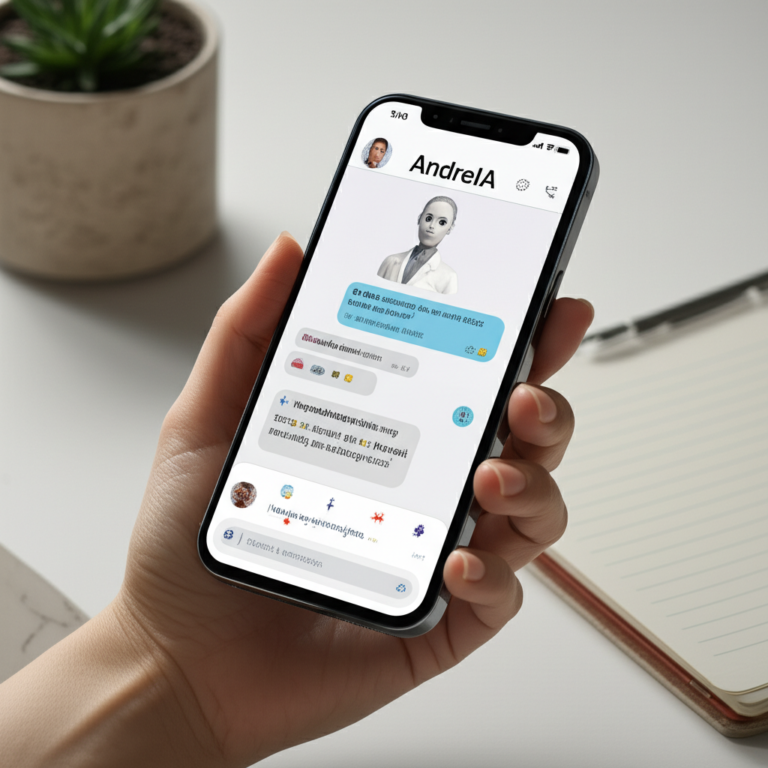 Ilustração da interface do aplicativo AndreIA – Terapeuta de Bolso – mostrando um chat de IA com ícones de psicanálise e neurociência em um smartphone.