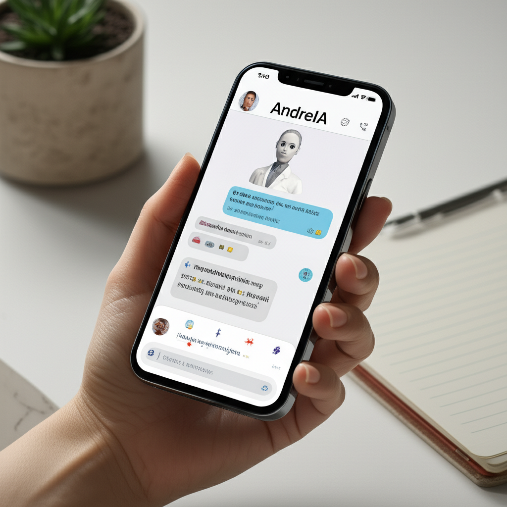 Ilustração da interface do aplicativo AndreIA – Terapeuta de Bolso – mostrando um chat de IA com ícones de psicanálise e neurociência em um smartphone.