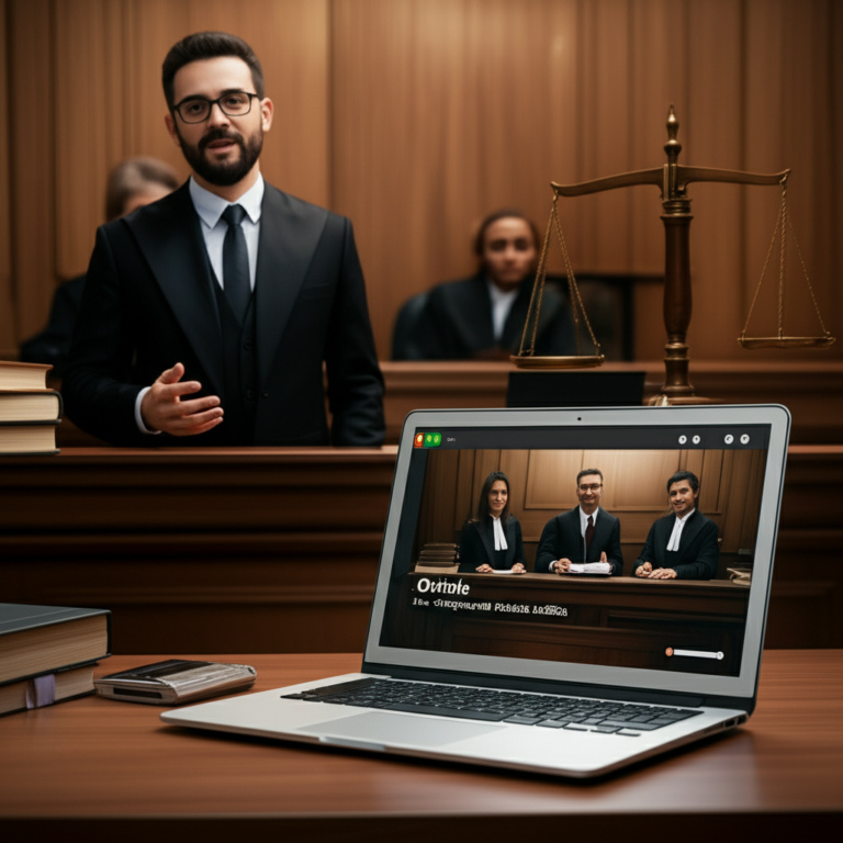 Advogado confiante apresentando oralmente em uma audiência, representando o curso online Orátole de Oratória Jurídica.