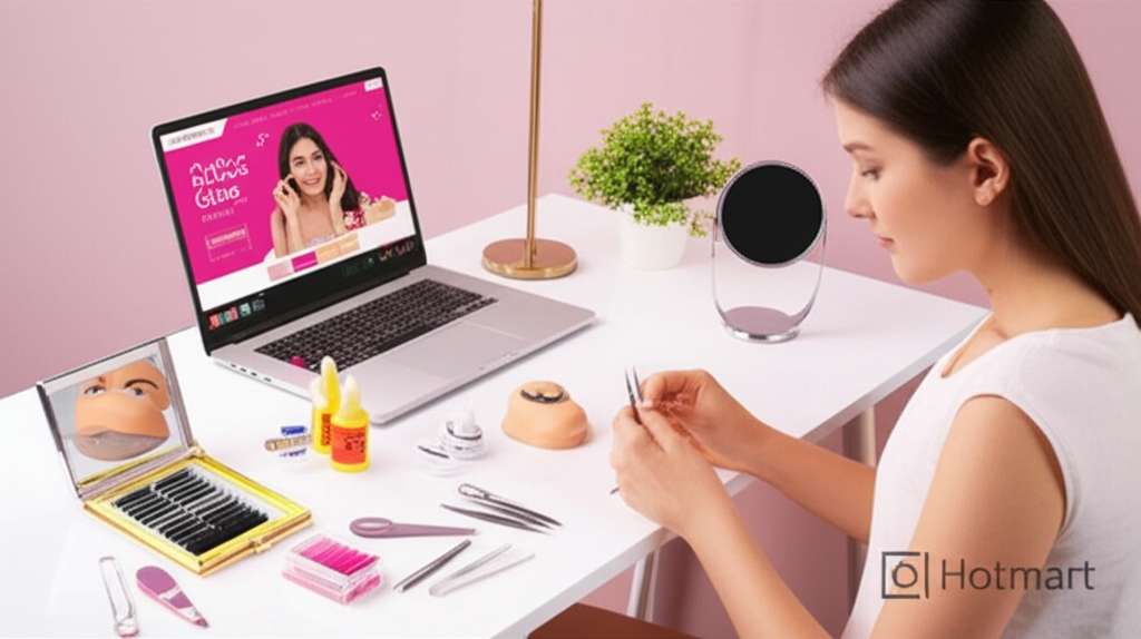 Análise Didática: Como o Viver de Cílios Plano Start ensina? 1 Estudante de extensão de cílios praticando com kit profissional enquanto assiste à videoaula do Viver de Cílios Plano Start no laptop.