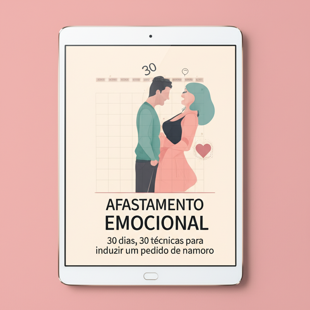eBOOK aFASTAMENTO EMOCIONAL 1 Capa do eBook "Afastamento Emocional" com duas silhuetas de casal afastadas, calendário de 30 dias e coração desvanecendo, transmitindo a ideia de distanciamento emocional.