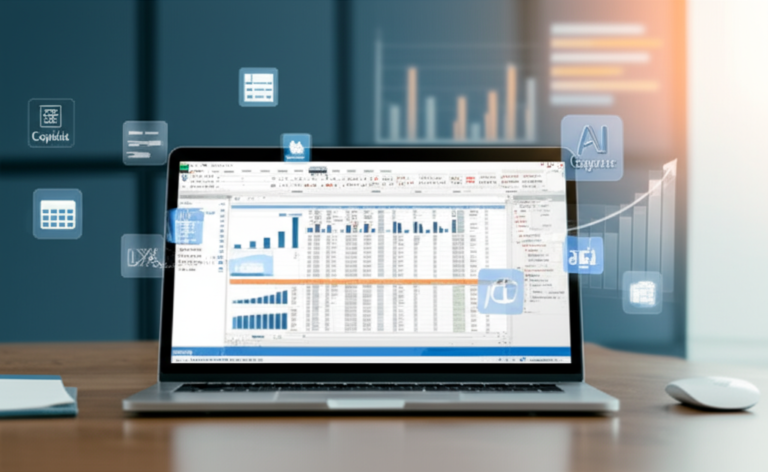 Tela de laptop mostrando planilha avançada do Excel com gráficos, Power Query, ícones de IA (Copilot) e código VBA, ambientada em mesa de escritório moderna.