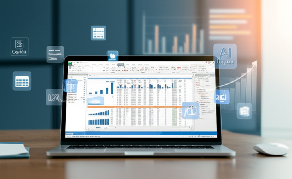 Tela de laptop mostrando planilha avançada do Excel com gráficos, Power Query, ícones de IA (Copilot) e código VBA, ambientada em mesa de escritório moderna.