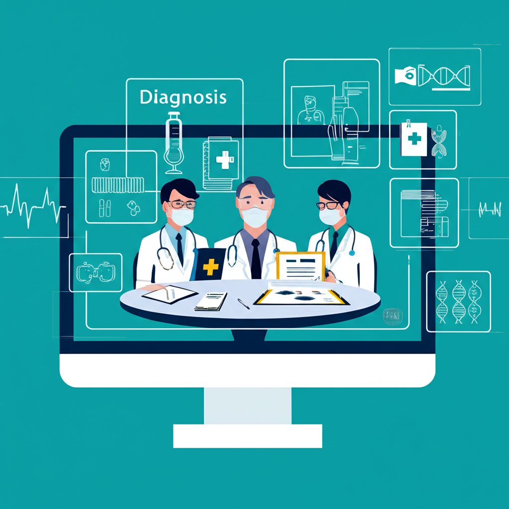 Grupo de profissionais de saúde estudando medicina em inglês dentro da comunidade online MEI Community, com materiais clínicos e ícones médicos ao redor.