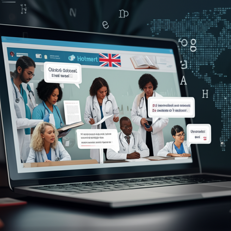 Ilustração da MEI Community com profissionais de saúde debatendo casos clínicos em inglês ao redor de uma mesa virtual.