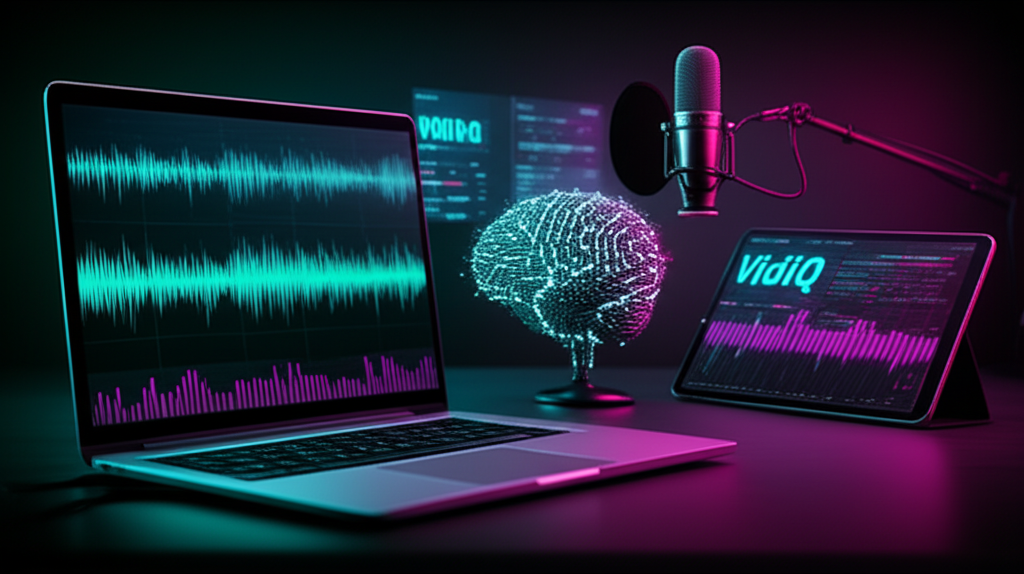 Ilustração de um criador de conteúdo YouTube usando ferramentas de IA, analytics e SEO em um estúdio digital futurista