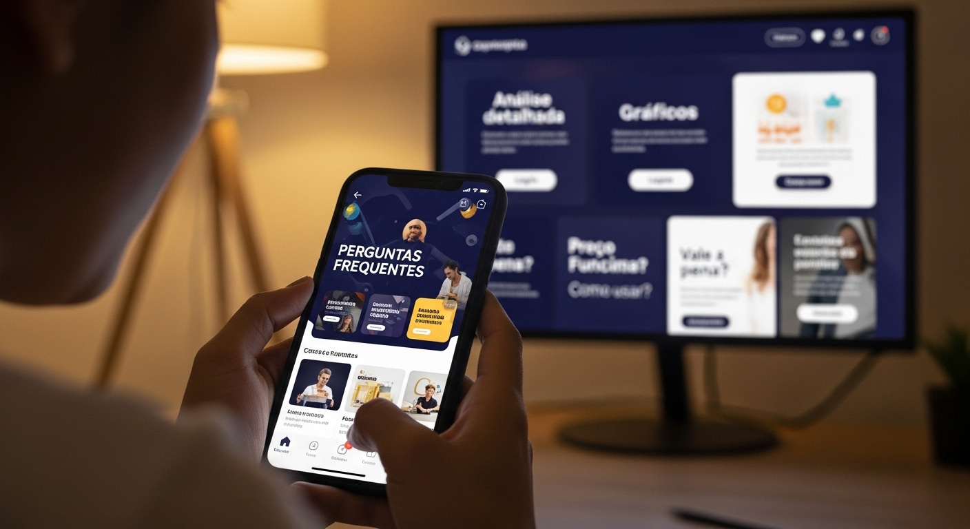 Ilustração de um ambiente digital futurista com laptop exibindo métricas do YouTube, circuitos de algoritmo, ondas de voz IA e templates de thumbnails dark, representando o curso Mestres do Algoritmo de Caio Ferreira.