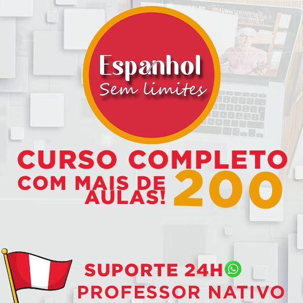 Professor nativo peruano Harry Martin Quispe Cahuana dando aula ao vivo de espanhol para estudantes brasileiros, com tela de computador, balões de fala e ícones de suporte WhatsApp.