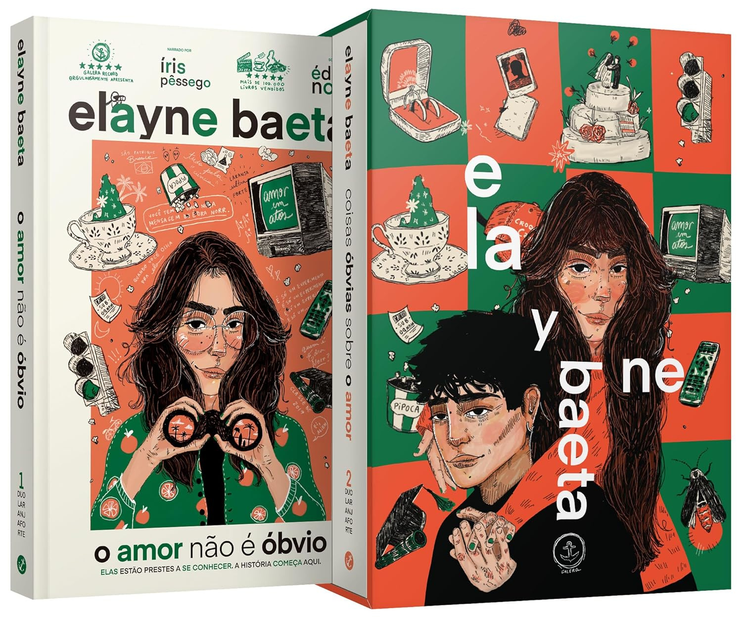 Ilustração da caixa limitada “Laranja‑forte” contendo dois livros da duologia de Elayne Baeta, uma ecobag e três marcadores de página, com design laranja vibrante e elementos que remetem ao romance entre duas garotas.