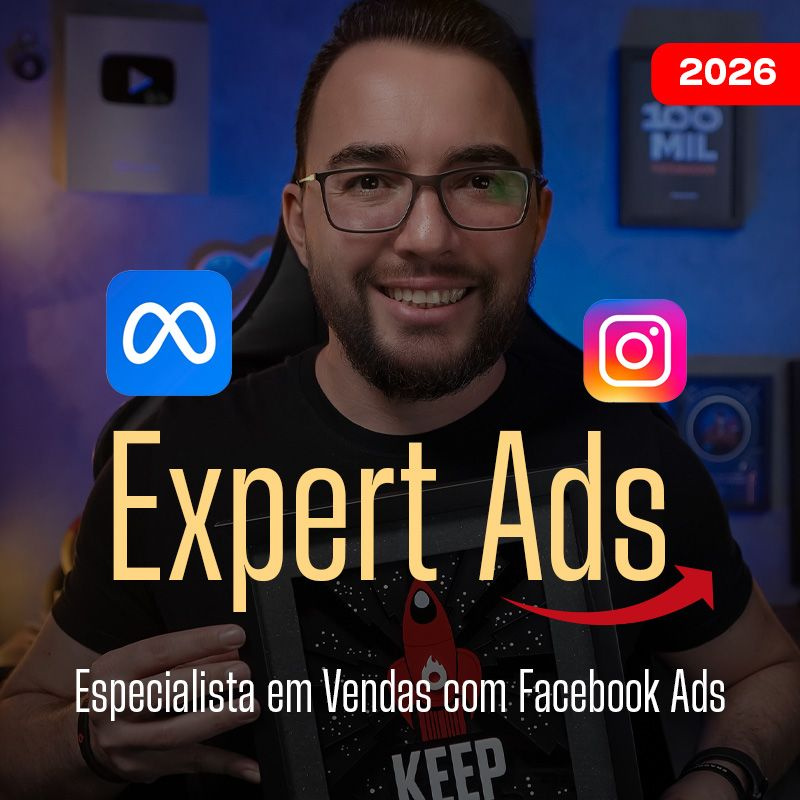 Imagem promocional do curso Expert Ads 2026 de Filipe Detrey, mostrando um especialista em marketing digital ao lado de um painel Meta Ads protegido por escudos, rodeado por ícones de negócios locais.