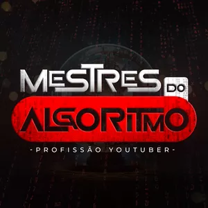 Ilustração do curso Mestres do Algoritmo mostrando interface dark do YouTube, símbolos de dólar, ícones de IA e Caio Ferreira.