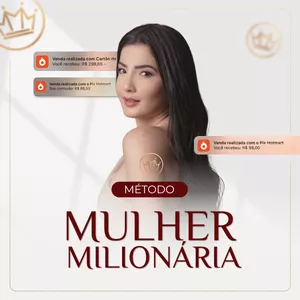 Mikaele Gomes Silva apresentando o Método Mulher Milionária, segurando um celular com ícones de renda online ao fundo.