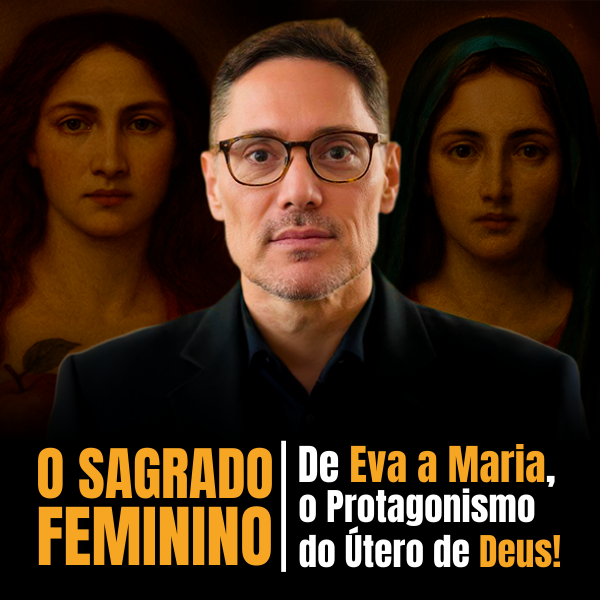 Ilustração que representa o protagonismo do útero de Deus, com Eva e Maria ao centro, rodeadas de símbolos bíblicos e psicanalíticos.
