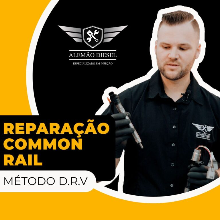 Mecânico reparando injetor common rail em bancada com ferramentas de medição e método D.R.V ao fundo