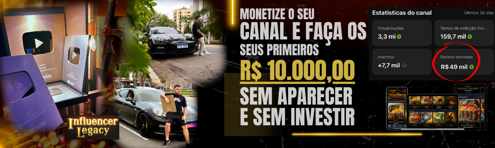 Tio San, mentor do curso Influencer Milionário Legacy, segurando o ícone do YouTube e dinheiro, ao lado de telas com métricas de crescimento.